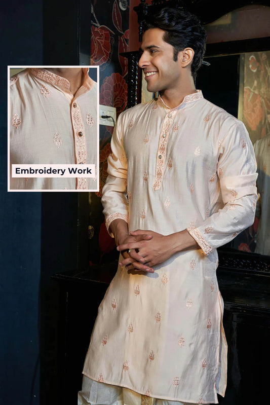 The Peachy Pink Long Kurta With Butti Embroidery And Sequins Work