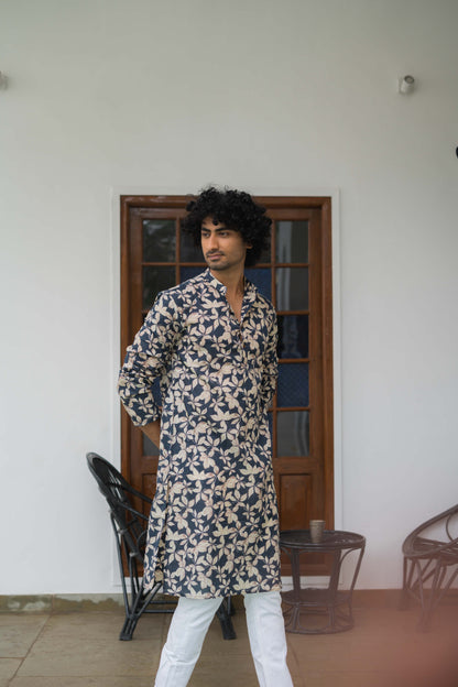The Dark Blue Long Kurta With All-Over Floral Foil Print