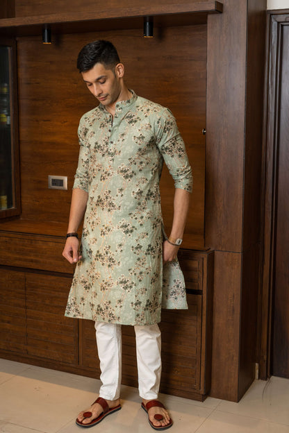 The Muslin Pastel Green Foil Print Long Kurta