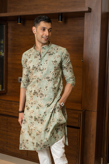 The Muslin Pastel Green Foil Print Long Kurta